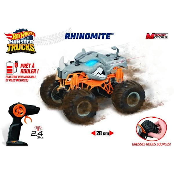 MONDO MOTORS - Radiostyrt fordon - Ljuseffekter - Hot Wheels Rhinomite - Monster Truck - 28cm svart och grått