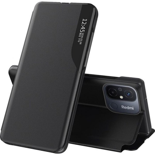 Hurtel Etui i ekologiskt läder med visningsfack för Xiaomi Redmi 11A / Poco C55 / Redmi 12C med svart fällbart stöd