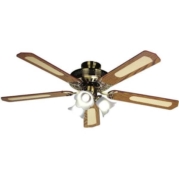 Vändbar takfläkt FARELEK BALEARES - Ø 132 cm, 5 valnöts-/rörblad + belysning 3 tulpaner 60 W E27