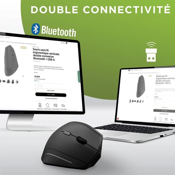 T'nB - Ergonomisk vertikal trådlös mus med dubbelanslutning Bluetooth + USB-A
