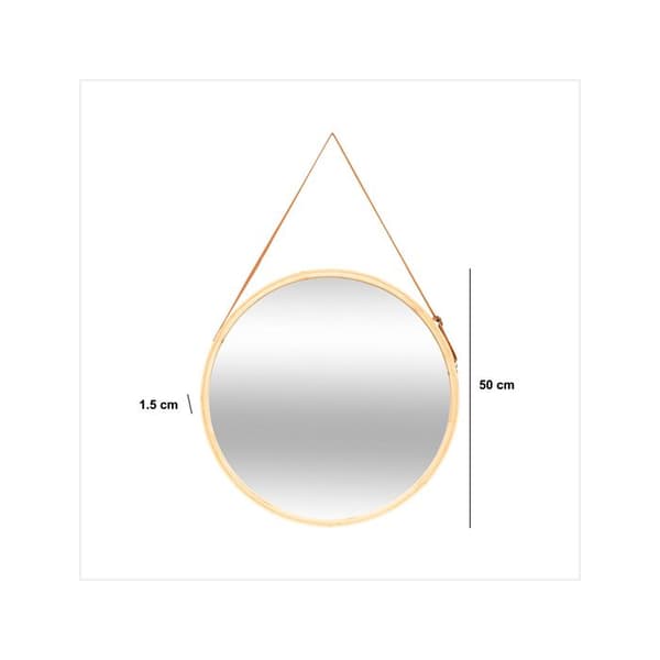 Rund väggspegel med läderrem D50cm brun