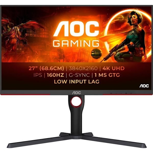 PC-skärm - AOC - U27G3X - 27" UHD 4K - IPS-panel - 160Hz - 1ms - Justerbar i höjdled - 2 HDMI 2 DP - Adaptive Sync - Svart Svart, Röd