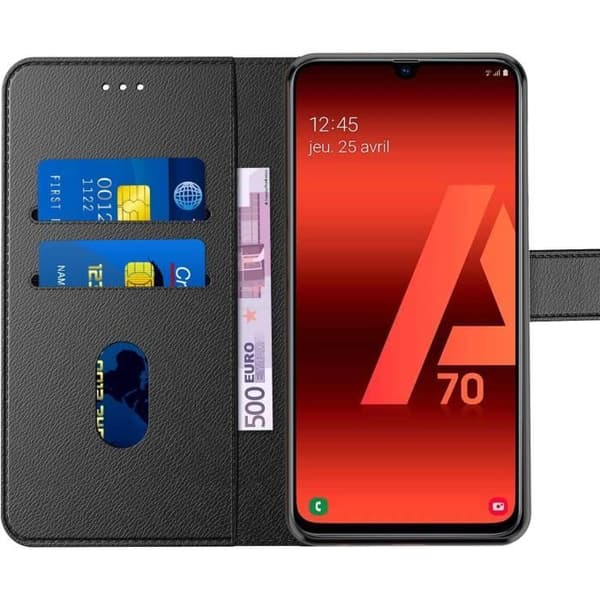 Etui Portefeuille - GENERIC - Samsung Galaxy A70 - Läder - Multifunktion - Videostöd Svart