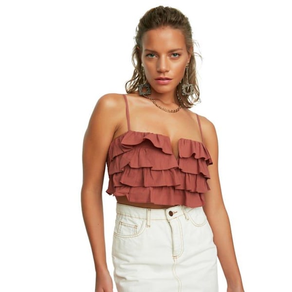 Blus - blus - skjorta Trendyol - TBESS21BZ0661 - Braune Frilly Crop-gewebte Bluse Bluse Dam kastanj 40