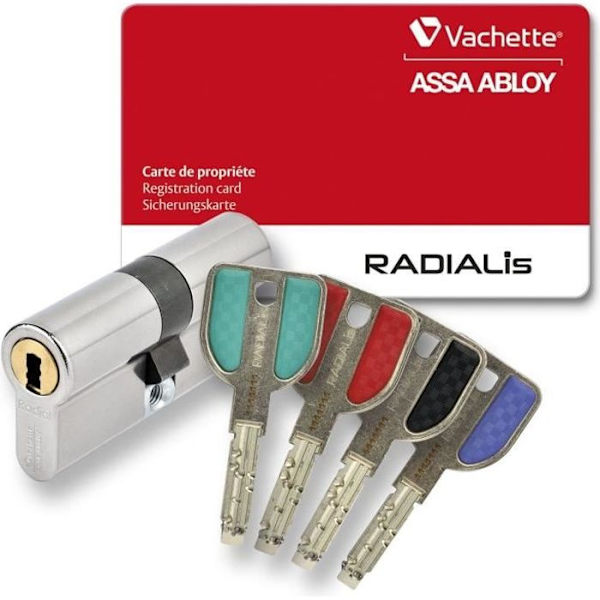 Vachette RADIAL är urkopplingsbar låscylinder 32,5x42,5 mm för entrédörr, mycket hög säkerhet, 4 kopierbara nycklar Nickelpläterad