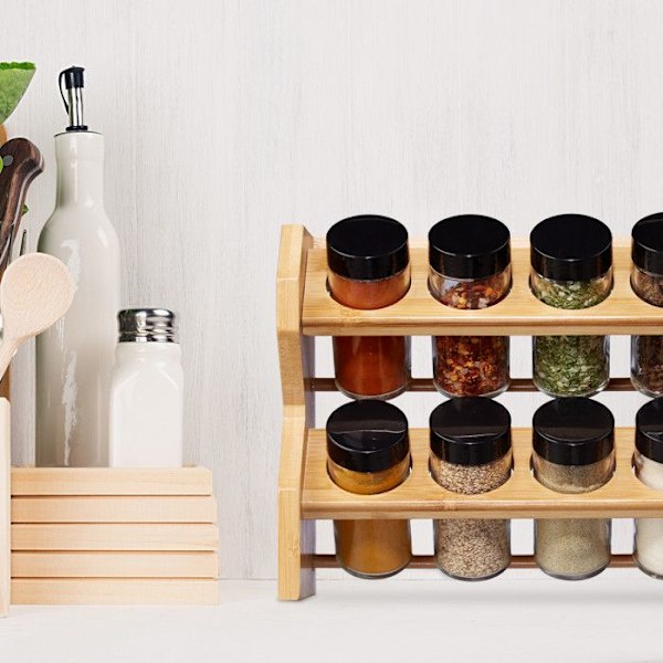 Relaxdays Bamboo Spice Rack, 8 glasburkar, Spice Display, 2-våningsorganisator, förvaring, natur brun ljus, transparent, svart