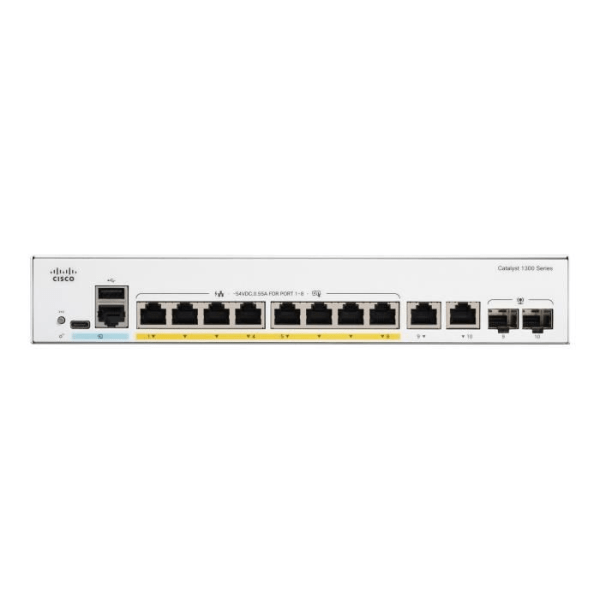 - Cisco - Cisco Catalyst 1300-8FP-2G - Switch - C3 - Managed - 8 x 10/100/1000 (PoE+) + 2 x Gigabit SFP/RJ-45 kombination - Montering