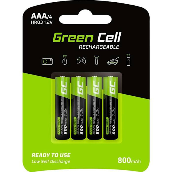 Green Cell 800mAh 1,2V Paket med 4 Ni-MH uppladdningsbara batterier Typ AAA, förladdade, mikrobatteri, HR03-batteri, låg självurladdning