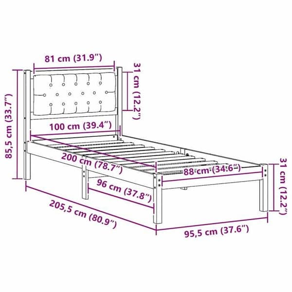 vidaXL Sängram Ljusgrå 100 x 200 cm Massivt trä 878209
