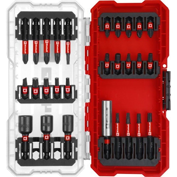 Einhell S-CASE Set med 28 stötsäkra bits (25 mm bits, 50 mm bits, 60 mm bitsfäste, hylsor)