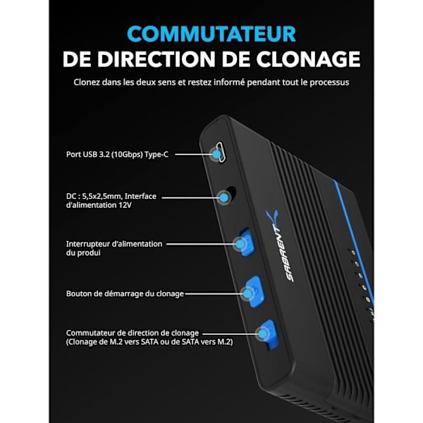 SABRENT 2 i 1 SSD/HDD SATA 2,5/3,5 och M.2 NVMe till USB 3.2, USB-C Hårddiskstation, Extern Hårddisklåda