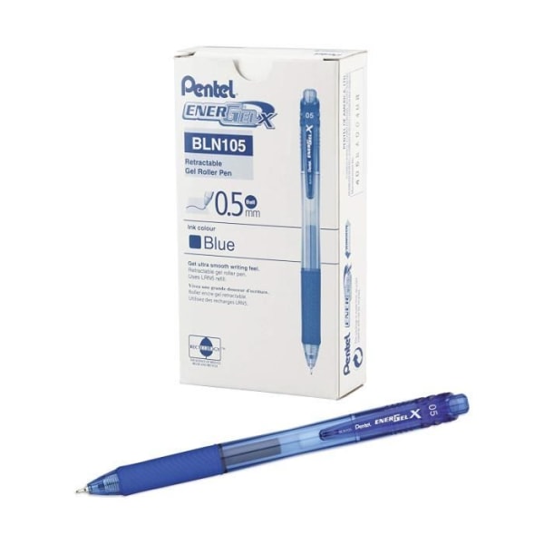 Pentel EnergelX paket med 12 infällbara gelrullar spets 0,5 mm blå - BLN105-C