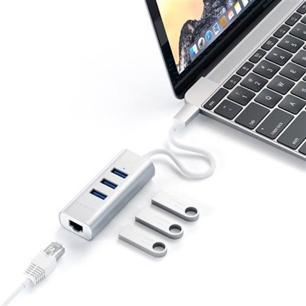 HUB USB Typ-C - Satechi - 3 portar USB 3.0 - Aluminium - Ethernet Gigabit - Plug and Play