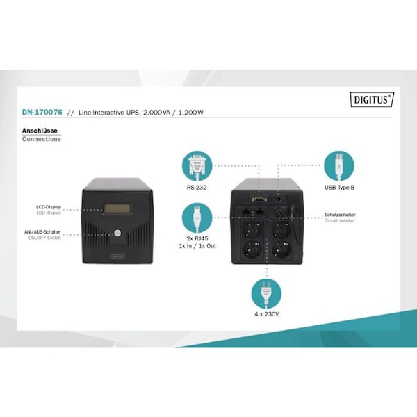 AC 230 V 1200 Watt 2000 VA 9 Ah RS-232, USB-växelriktare - DIGITUS Professional DN-170076