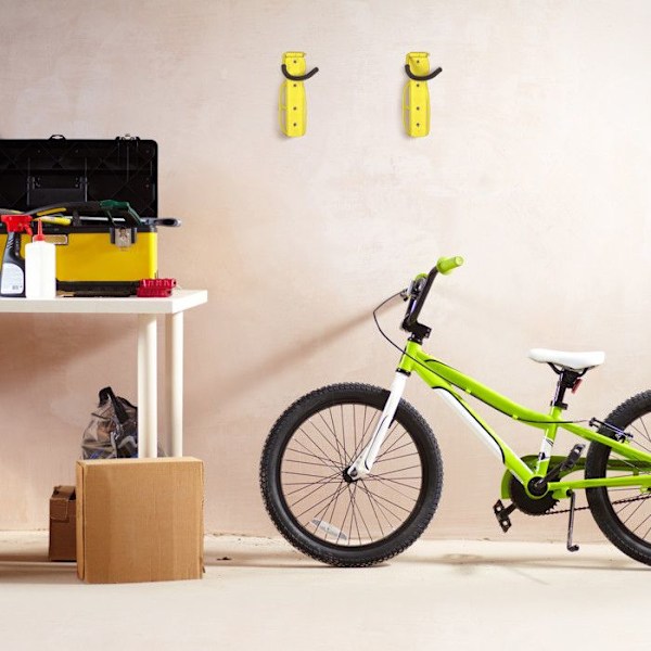 Relaxdays Väggfäste för cykel, set om 2, hopfällbar, bär upp till 25 kg, vertikal väggmontering, gul Gul svart