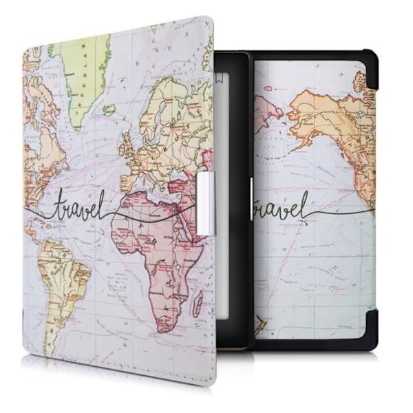 kwmobile eReader Fodral Kompatibel med Kobo Aura Edition 1 - PU Läder Magnetic Flap Cover - World Map Travel Black
