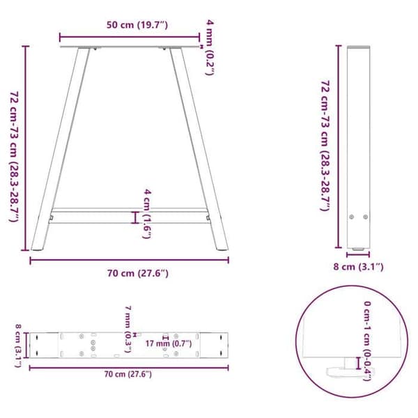 vidaXL Matbordsben i A-form, 2 stycken, 70 x (72-73) cm, stål 4012855