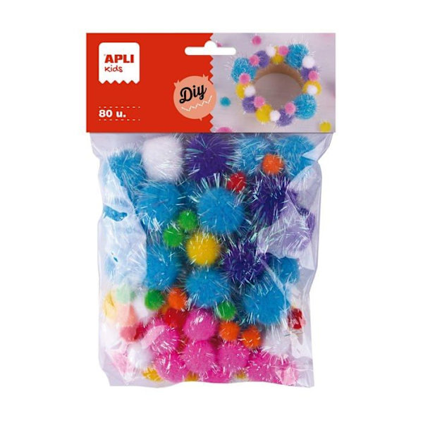 Apli kids - 19366 - Väska med 80 ljusa och färgglada pompoms för manuella aktiviteter och kreativa hobbyer.