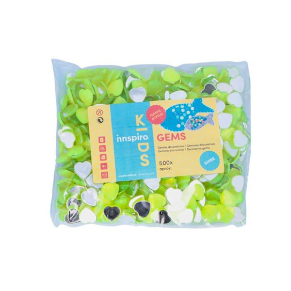 Innspiro - Z2301407 - Fluor gult hjärta akryl dekorativa stenar 14 x 14 mm. 500 u.Ca.