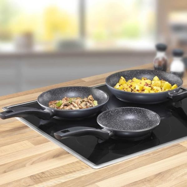 STONELINE® Set med 3 stekpannor 16/20/24 cm - Non-stick beläggning med äkta stenpartiklar - lämplig för induktion Antracit (kropp)Svart (hals)