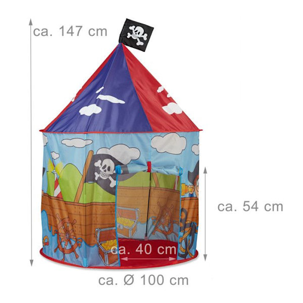 Relaxdays Barntält Pojke Tjej Lektält Piratflagga Utomhus Pop-up 3 år H x D 130 x 100 cm, Röd Blå röd, blå, ljusblå