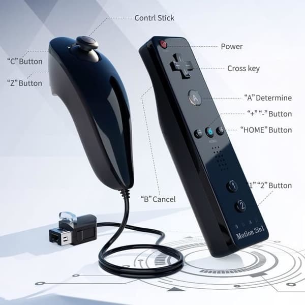 Spelkontroll - TechKen - 2 stycken Wii-kontroller med Nunchuck - Bluetooth - Vibration - Kompatibel med Wii Svart
