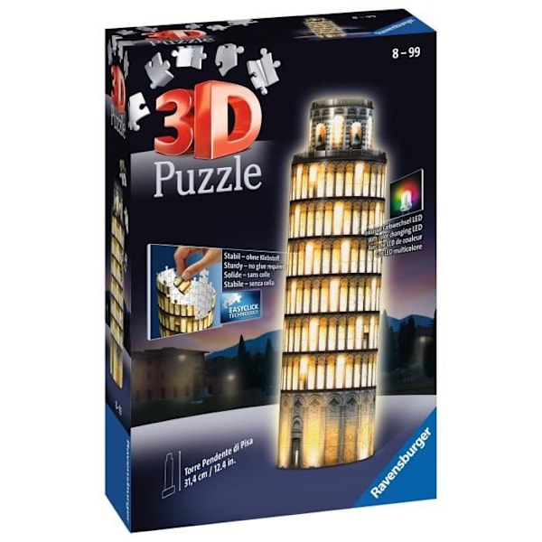 3D Pussel Tower of Pisa upplyst - Ravensburger - 216 bitar - utan lim - med färg LEDS - Från 8 år Vitt, gult och svart