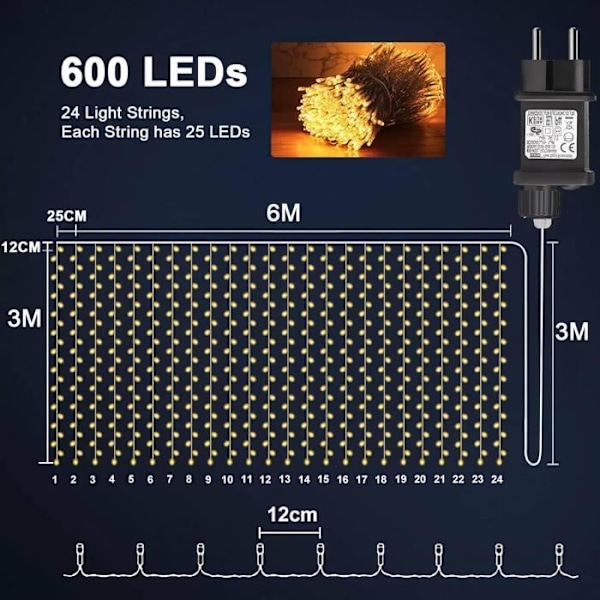 yowin Ljusgardin 6m x 3m 600 LED Ljusgarn med Transformator, Timer, 8 Läge Vattentät Ljusgardin Jul