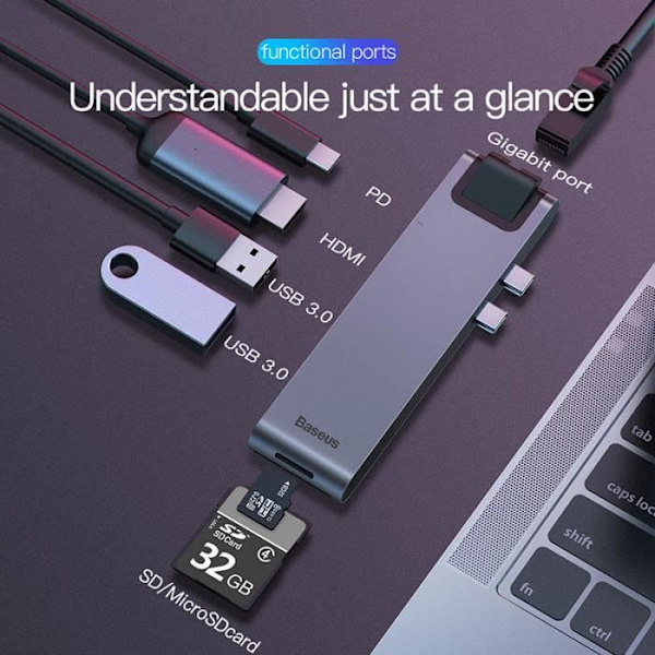 Baseus USB C HUB till USB Multi USB 3.0 HDMI för MacBook Pro 7 Port USB Splitter Thunderbolt 3 HUB RJ45 Dual USB Type C HUB