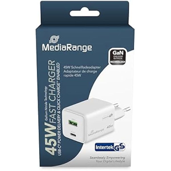 Snabbladdare - MEDIARANGE - 45 W - 1 USB-C-port - 1 USB-A-port - Avancerad GaN-teknologi vit-417