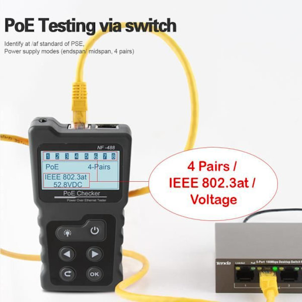 RJ45 RJ11 Network Tester: Kartläggning av sladdar, testar PoE (närvaro, intensitet, spänning, effekt), testar förbrukning
