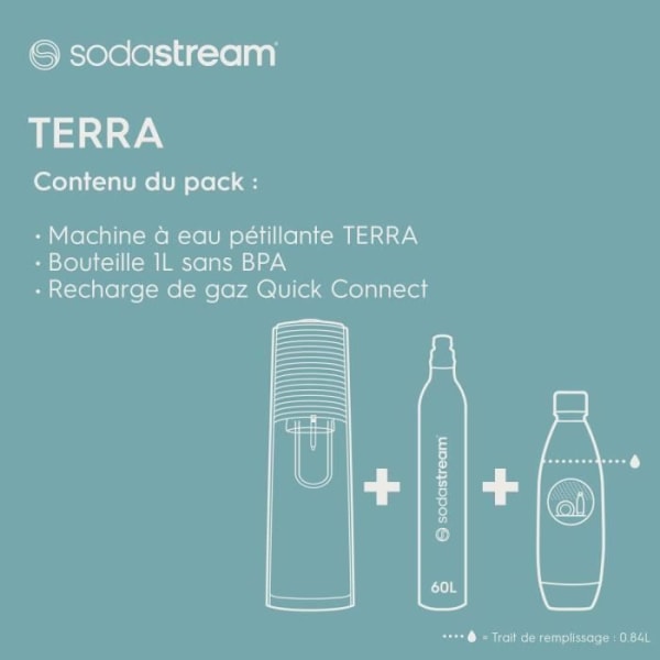 SodaStream TERRA sprudlande vattenmaskin - förpackning 1 1L diskmaskinskompatibel flaska + 1 60L Clip-On Gas Refill - Svart