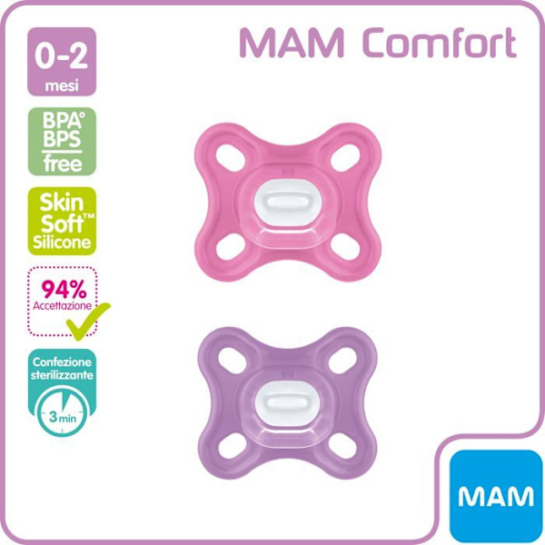 Mam Comfort Napp i set om 2 - 100 % silikon - Idealisk för nyfödda - Napphållarskydd - 0-2 månader - Rosa och lila