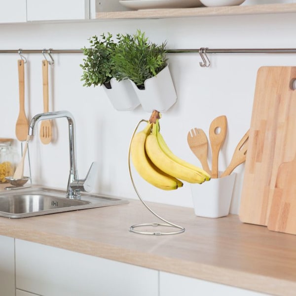 Relaxdays stöd för bananer med rund bas, krok för bananer, fruktställ, bananer, vindruvor, i förkromad järn, silverfärgad silver-