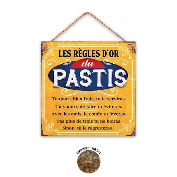 Dekorationsplakett - Golden Rule Pastis - Metall - Vintage - 20x20 cm - Att hänga blå