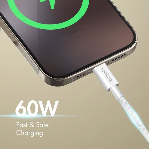 USB-C till USB-A-kabel - Logilink - CU0321 - 1 m - Vit - 60 W - Snabbladdning - Dataöverföring - Nylon