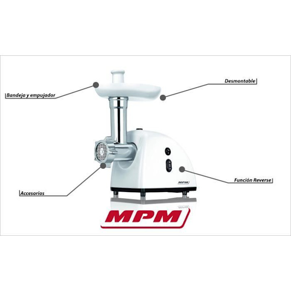 MPM MMM-05 Köttkvarn Elektrisk köttkvarn med korvmatning 3 skärskivor, metallväxel, 720W