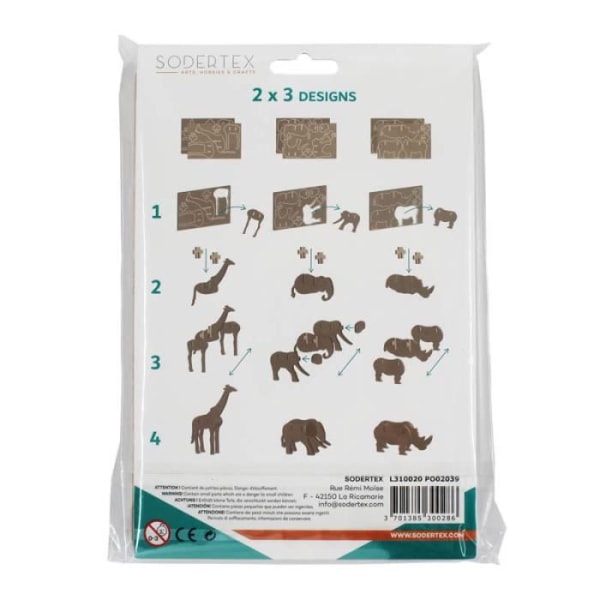 Set med 6 3D-träpussel att dekorera - 22x14cm - I form av djur - Naturlig färg - Sodertex - L310020 TU