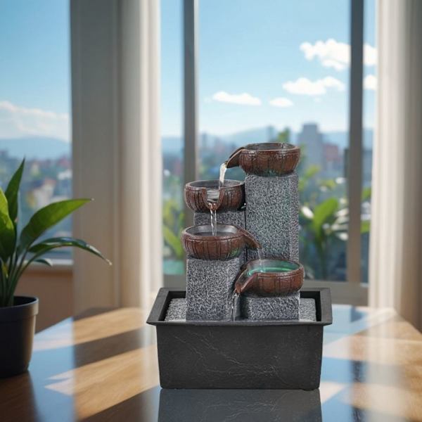 Fontän Kaskad 4 Nivåer Effekta Sten Natur Ljus LED - Elegant Zen Dekor - Bordfontän H 21cm - Bekasi Zen'Light'