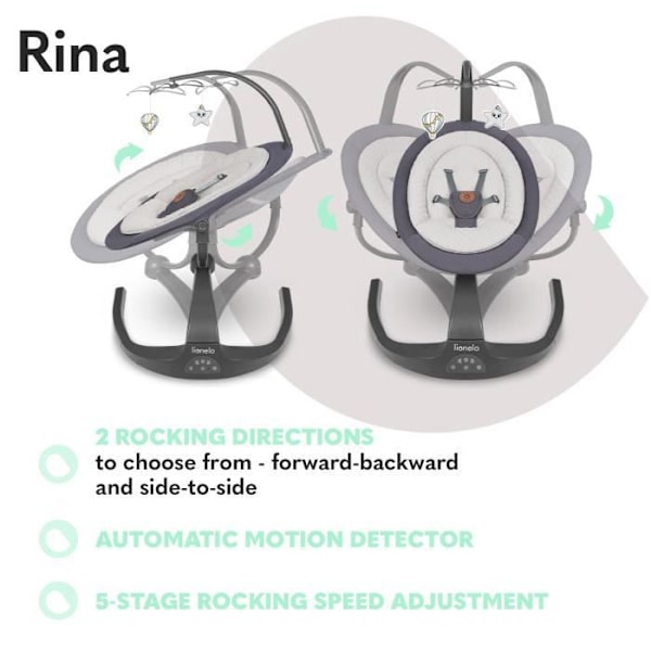 LIONELO Rina 2in1 gung och solstol - Grå - 360° vridbar sits - Automatisk gunga - 12 melodier Grå