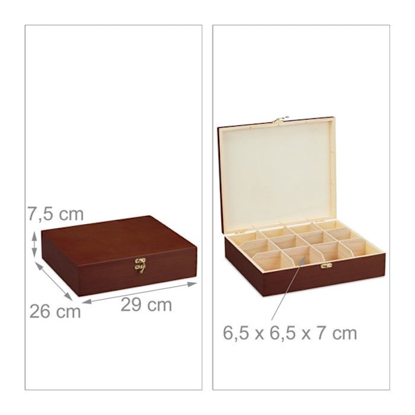 Relaxdays Teebox, 12 fackor, trä, organiserare, stor förvaring, display, HLP 7,5 x 29 x 26 cm, brun mörkbrun