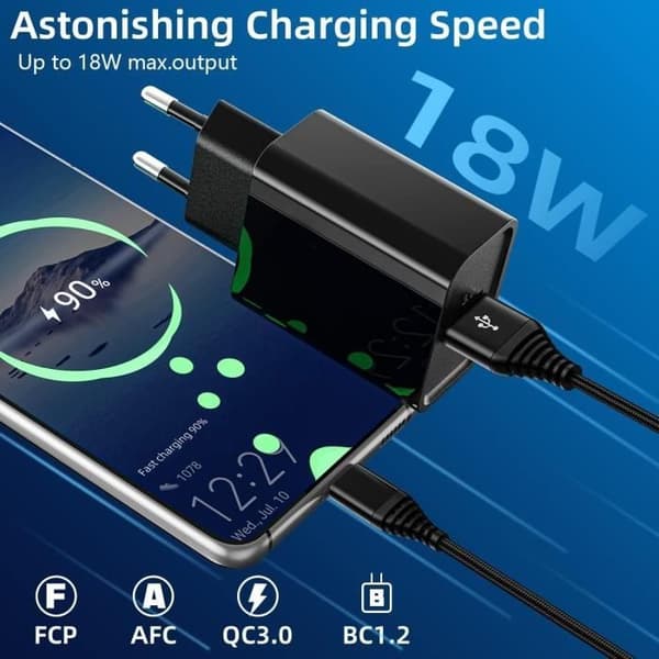 Snabbladdare USB - GENERISK - Quick Charge 3.0 - 18W - USB Typ C-kabel 2M - Överspänningsskydd