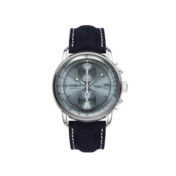 Herrklocka - ZEPPELIN - 100 år - Stål 43mm - Blå läder - Quartz kronograf Silver
