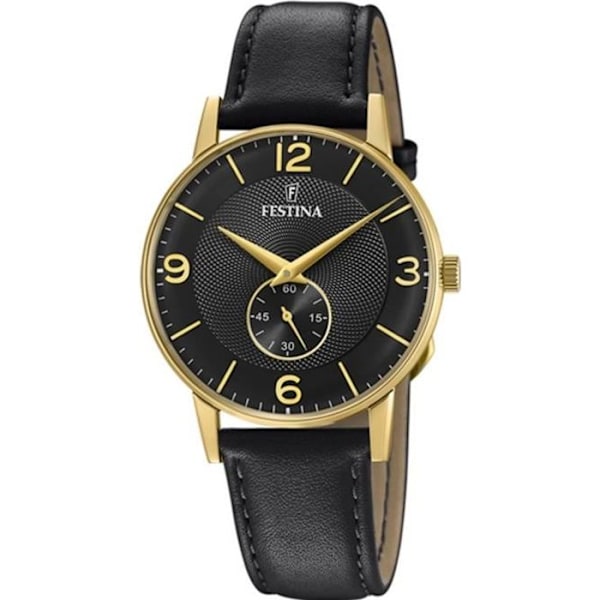 Herrklocka - Festina - Retro - Guldpläterat rostfritt stål 36mm - Svart läderarmband - Plexiglas Kvartsrörelse