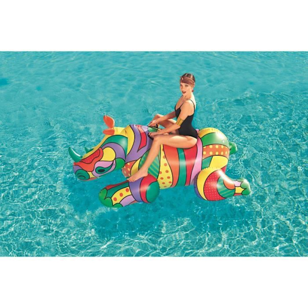 Ridbar uppblåsbar boj - BESTWAY - Fashion Pop Rhino - Med handtag - 201 x 102 cm - PVC Mode Pop Rhino