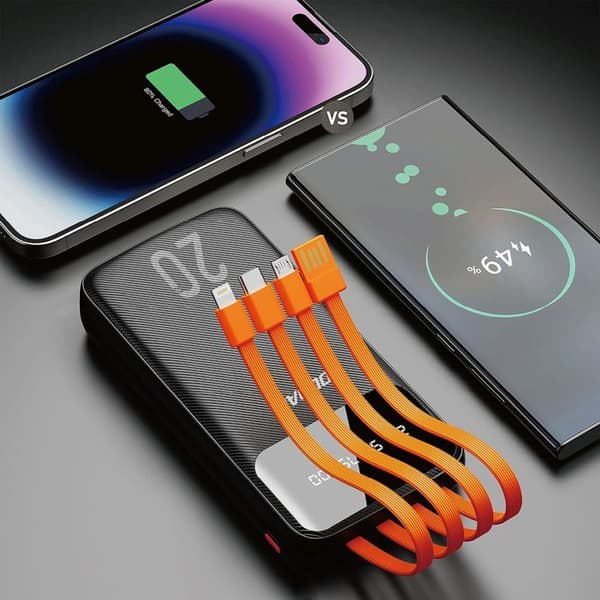 Extern batteri K6Pro+ 20 000 mAh med integrerade USB-C, microUSB och Lightning-kablar för iPhone - Svart