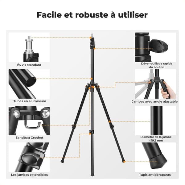 K&F CONCEPT 200 cm Justerbart Vändbart Ljusstativ för Mobiltelefon