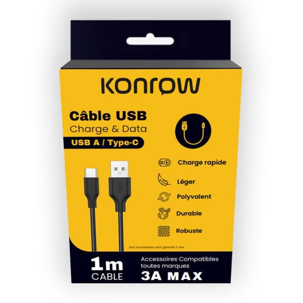 Konrow KCATCPB1 - USB Type C till Type A-kabel (1m, 3A, Svart) - Originalförpackning