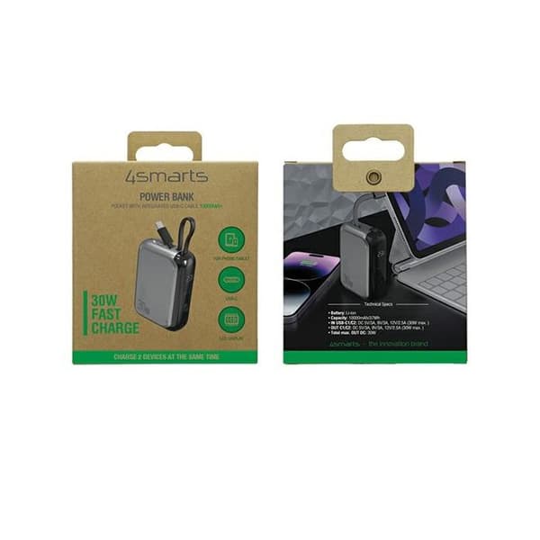 Extern batteri - 4SMARTS - Pocket - 10 000 mAh - 30 W - USB-C-kabel 15 cm Grå