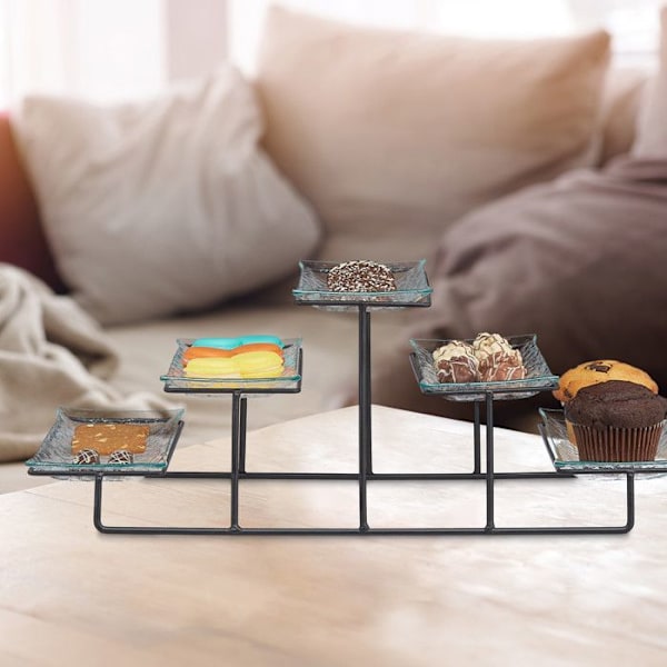 Relaxdays Tårtfat, 3 nivåer, 5 servisfat i glas, järn, 17,5 x 46 x 24,5 cm, transparent/svart transparent, svart
